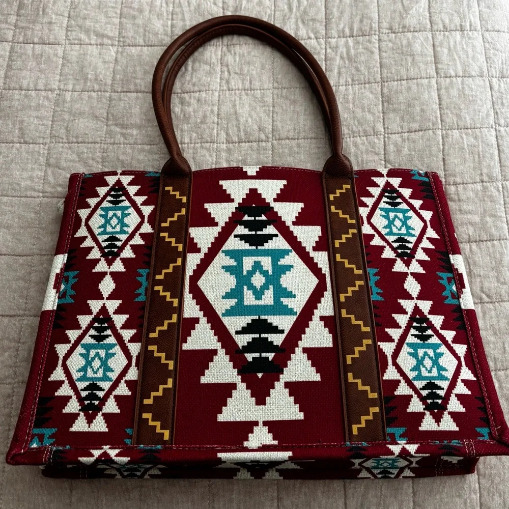 Wrangler Red Aztec Tote with Turquoise and Brown Accents - Picture 3 of 4
